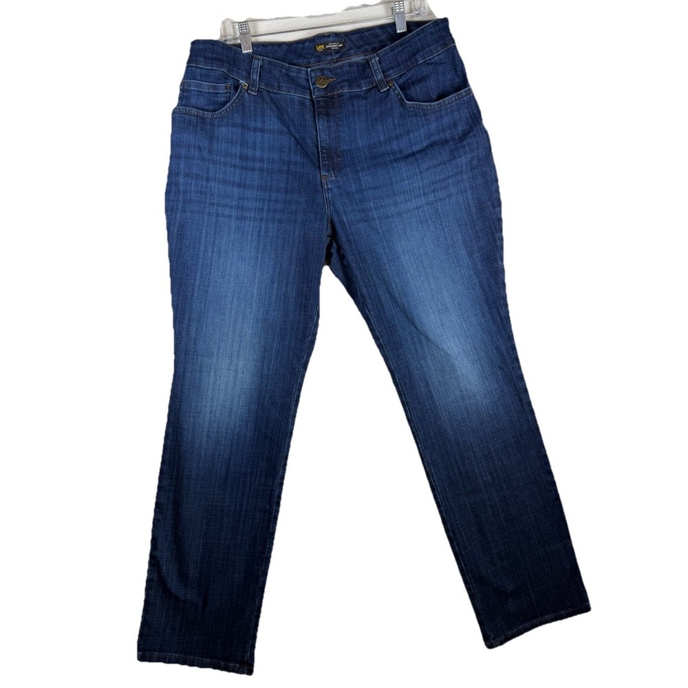 Lee Plus Womens 16WM Relaxed Fit‎ Straight Leg Mid Rise Dark Wash Blue Jeans